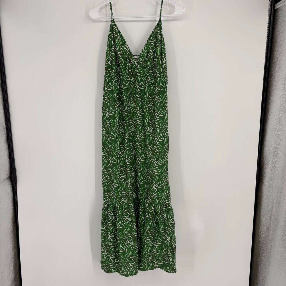 H&M Green Leaf Print Tiered V-Neck Babydoll Maxi Dress Size Small Fairy Feminine